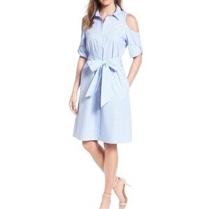 Draper James Dress Stripe Poplin Cold Shoulder Dress Blue White Size 14 NWT